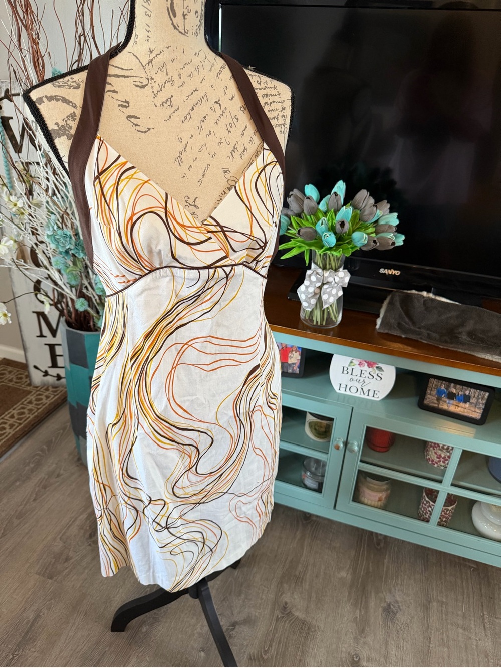 Larue Women's Brown Halter Midi Dress with Swirl Print Size 8